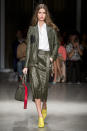 <p><i>This model wore a hunter-green leather jacket and matching skirt from the SS18 Trussardi collection. (Photo: ImaxTree) </i></p>