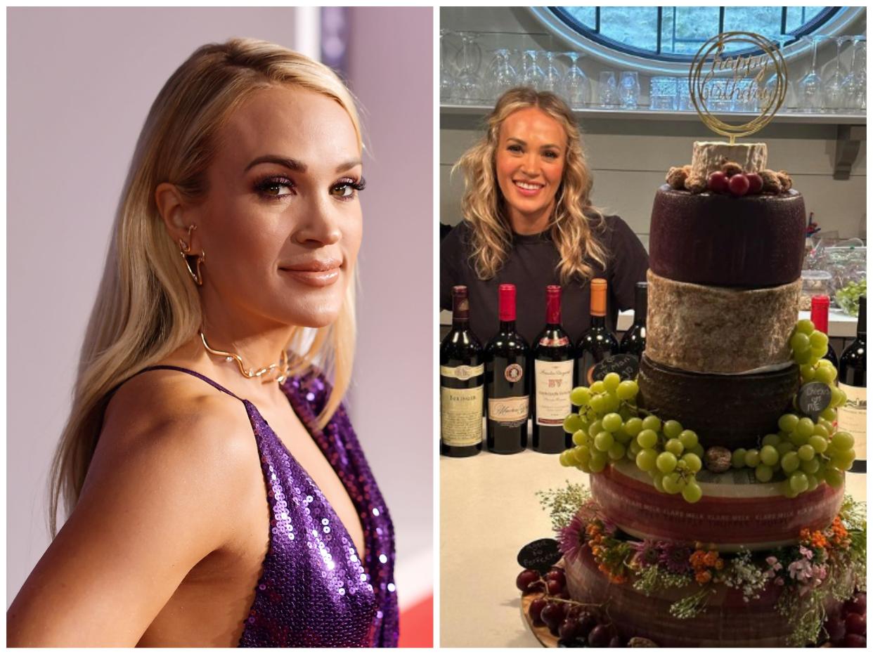 Carrie Underwood smiles on the red carpet; Carrie Underwood smiles next to her cheese cake posted to her husband's Instagram.