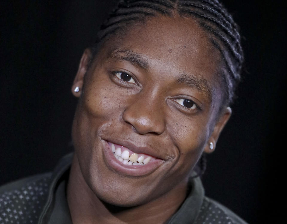 Caster Semenya, the current 800-meter Olympic gold and world champion from South Africa, and the latest recipient of the Wilma Rudolph Courage Award, speaks during an interview, Monday, Oct. 15, 2018, in New York. Semenya has filed an appeal in the Court of Arbitration for Sport against the International Association of Athletics Federations (IAAF) ruling, forcing female runners to medicate to reduce their testosterone levels for six months before racing internationally. (AP Photo/Bebeto Matthews)