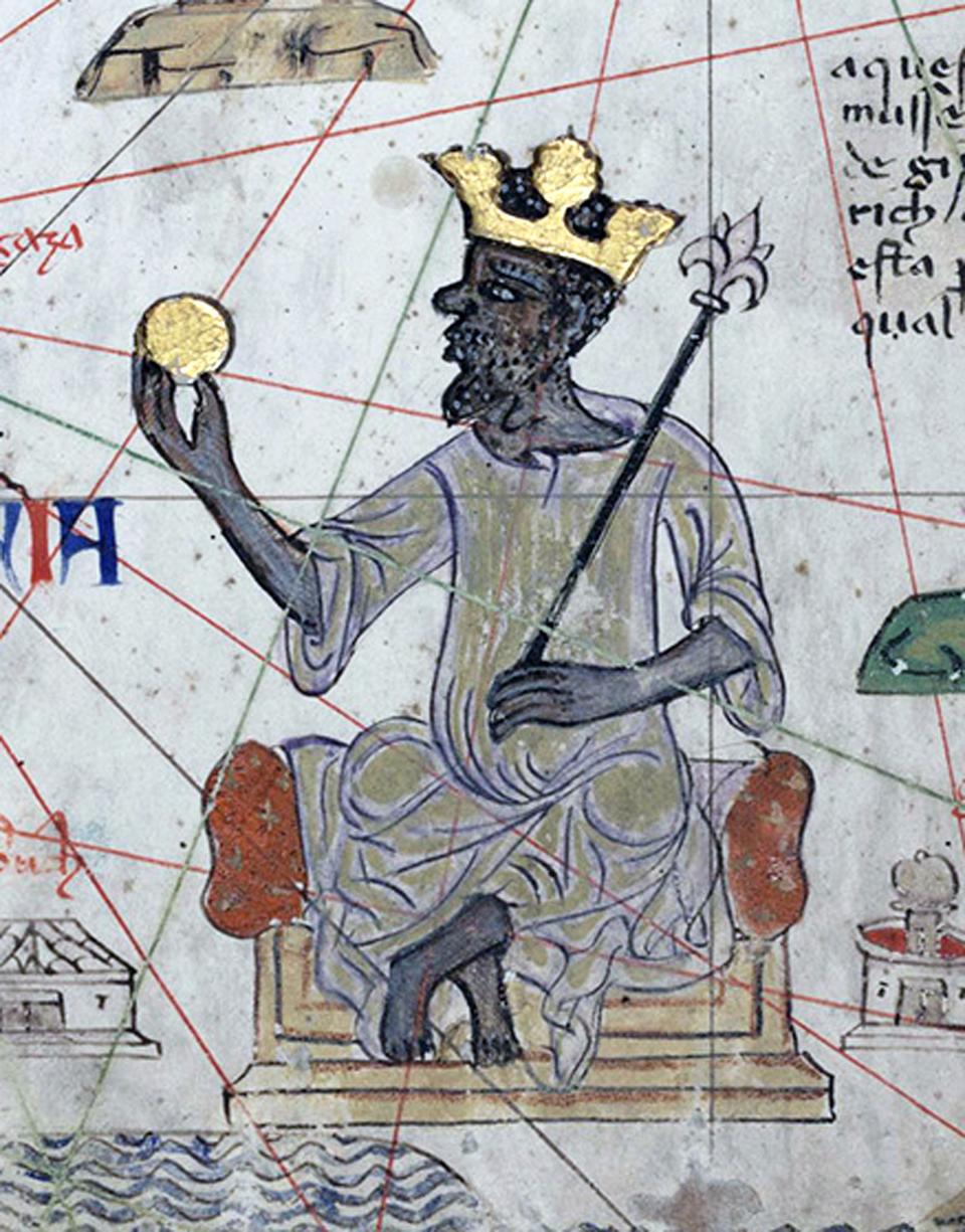 Espagne/Catalogne : Mansa Musa, roi du Mali, tenant un sceptre et une pièce d'or tels que représentés dans l'Atlas catalan, par l'illustrateur juif Cresques Abraham, 1375. (Photo par : Pictures from History/Universal Images Group via Getty Images)