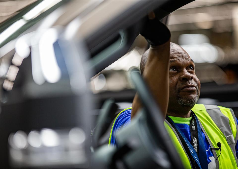 Ford employee Eddie Brown gave a thorough quality control inspection to a 2023 F-Series Super Duty truck at the Ford Truck Plant on Chamberlain Ln. in Louisville, Ky. May 24, 2023