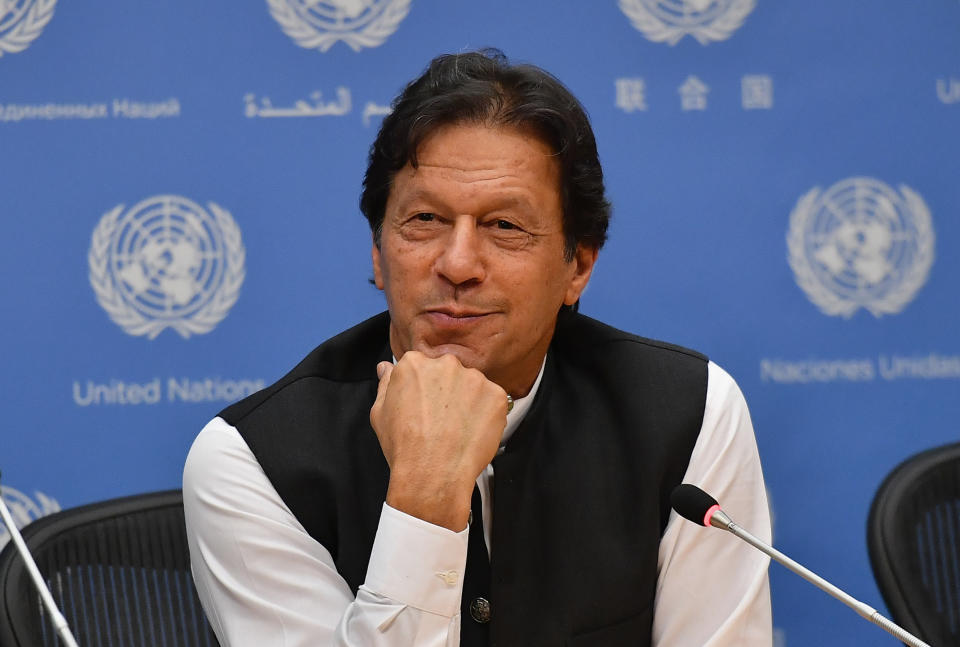 Pakistani Prime Minister Imran Khan speaks during a press conference at the United Nations Headquarters in New York on September 24, 2019. - Khan said Tuesday that both the United States and Saudi Arabia asked him to mediate with Iran to defuse tensions. (Photo by Angela Weiss / AFP)        (Photo credit should read ANGELA WEISS/AFP via Getty Images)