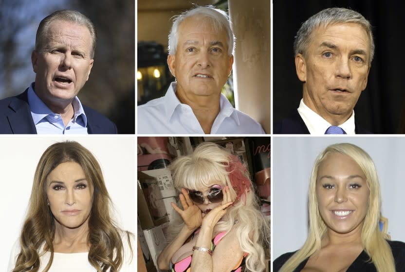 A mosaic of potential candidates that might run if the effort to oust Gov. Gavin Newsom succeeds. They are clockwise from top left; former San Diego mayor Kevin Faulconer; businessman John Cox; former Rep. Doug Ose; retired adult movie actress Mary Carey; billboard model Angelyne; and Caitlyn Jenner.