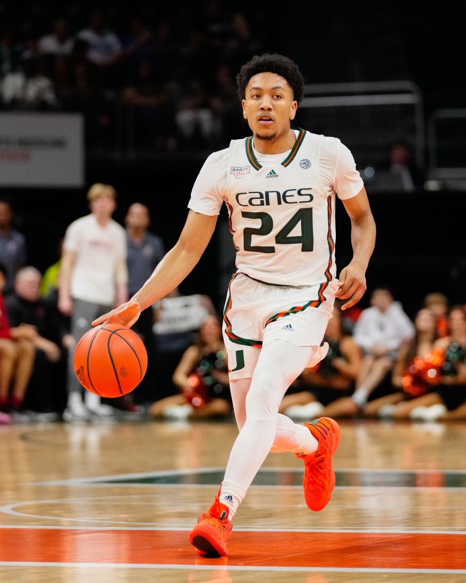 Feb 11, 2023; Coral Gables, Florida, USA; Miami (Fl) Hurricanes guard Nijel Pack (24) drives to the basket against the Louisville Cardinals during the second half at Watsco Center. Mandatory Credit: Rich Storry-USA TODAY Sports