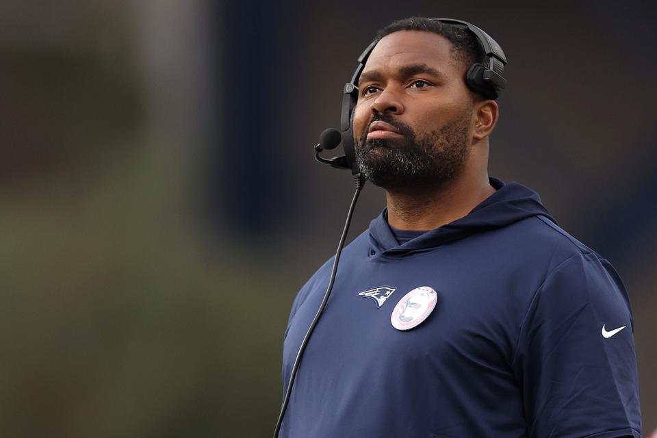 FOXBOROUGH, MASSACHUSETTS - NOVEMBER 05: Linebackers coach Jerod Mayo looks on during the game against the Washington Commanders at Gillette Stadium on November 05, 2023 in Foxborough, Massachusetts. (Photo by Maddie Meyer/Getty Images)