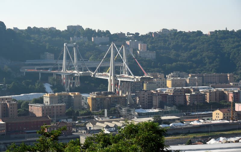 FILE PHOTO: General view of Morandi Bridge, before controlled explosions will demolish two of its pylons almost one year since a section of the viaduct collapsed killing 43 people, in Genoa
