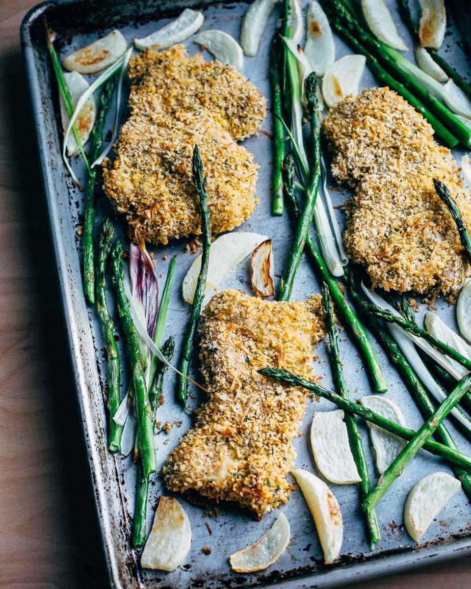 One-Pan Parmesan Chicken With Turnips and Asparagus from Brooklyn Supper