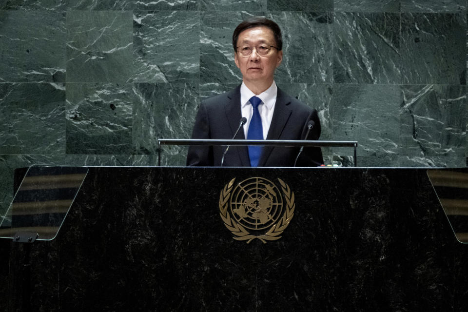 Vice President of China Han Zheng addresses the 78th session of the United Nations General Assembly, Thursday, Sept. 21, 2023. (AP Photo/Craig Ruttle)