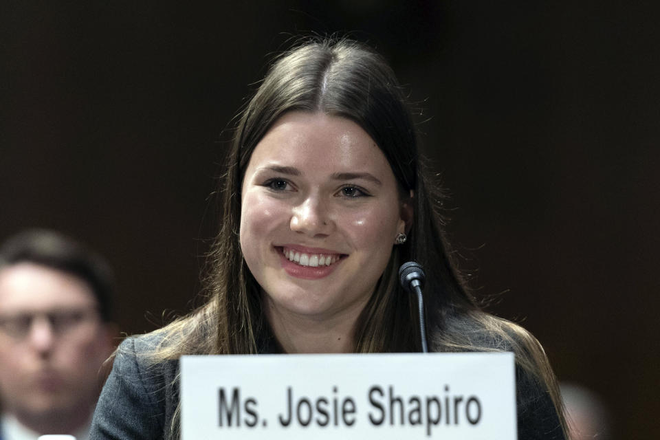 Josie Shapiro, a student at Lincoln High School, testifies before the Senate Judiciary Committee during a hearing on combating the rise of illegal electronic cigarettes, on Capitol Hill, Wednesday, June 12, 2024, in Washington.( AP Photo/Jose Luis Magana)