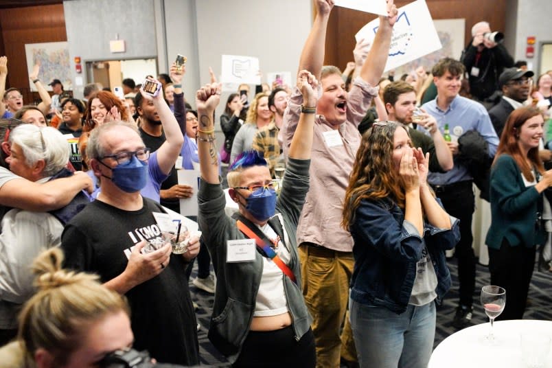 Supporters of Ohio Issue 1 cheer as results come in at a watch party hosted by Ohioans United for Reproductive Rights on November 7, 2023 in Columbus, Ohio. (Photo by Andrew Spear/Getty Images)