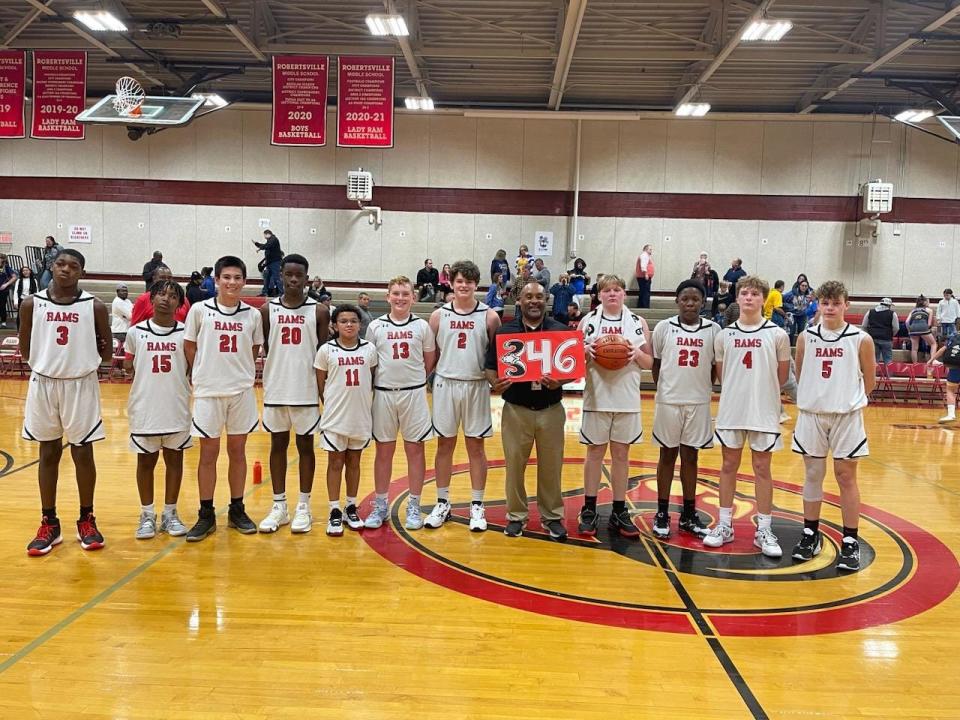 Coach John Spratling and the Robertsville Boys Basketball team of 2022. Players names from left: #3 Treasure Threat, #15 LaMiere Porter, #21 Liam Gerber, #20 Brad Medzo, #11 Mico Cleveland, #13 Isaiah Wilson, #2 Stephen Ward, Coach Spratling, #0 Dallin James, #23 J'Zyion Slater, #4 Ethan James, #5 Andy Hutson, Not pictured # 1 Damillyan Porter and #14 Jackson Rice.