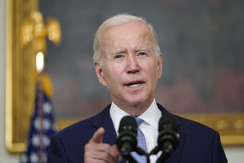 President Joe Biden speaks about "The Inflation Reduction Act of 2022" in the State Dining Room of the White House in Washington, Thursday, July 28, 2022. (AP Photo/Susan Walsh)