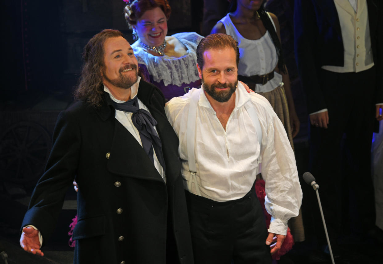 LONDON, ENGLAND - AUGUST 21: (L to R) Michael Ball, Katy Secombe and Alfie Boe bow at the curtain call during the press night performance of 