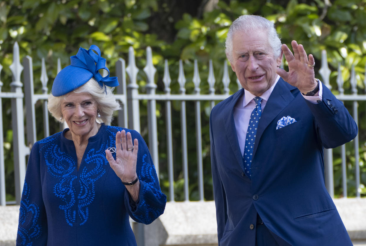 WINDSOR, ENGLAND - APRIL 09: King Charles III and Camilla, Queen Consort attend the Easter Mattins Service at St George's Chapel at Windsor Castle on April 9, 2023 in Windsor, England. (Photo by Mark Cuthbert/UK Press via Getty Images)