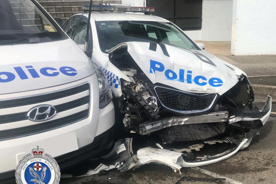 The wreckage of a police patrol car after it was hit by a van laden with methamphetamines outside a police station in Eastwood. (NEW SOUTH WALES POLICE FORCE)