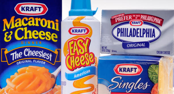 A group of Kraft cheese food products on white background.