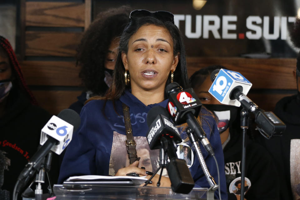 Tamala Payne, mother of Casey Goodson Jr., speaks during a news conference Thursday, Dec. 2, 2021, in Columbus, Ohio about the indictment of a former deputy who shot and killed her son. Jason Mead, the Ohio sheriff's deputy who fatally shot Casey Goodson Jr. in the back five times has been charged with murder and reckless homicide. (AP Photo/Jay LaPrete)