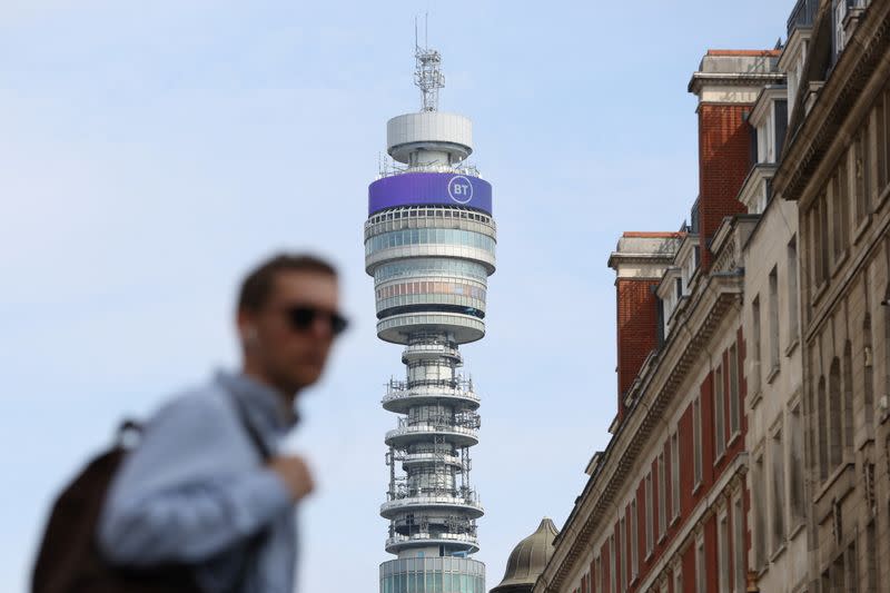 View of BT Group logo displayed on BT tower, in London