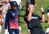 Cricket - ODI - New Zealand vs England - Seddon Park, Hamilton, New Zealand, February 25, 2018. New Zealand's Colin Munro celebrates after dismissing England's Joe Root during their one-day international match. REUTERS/Ross Setford