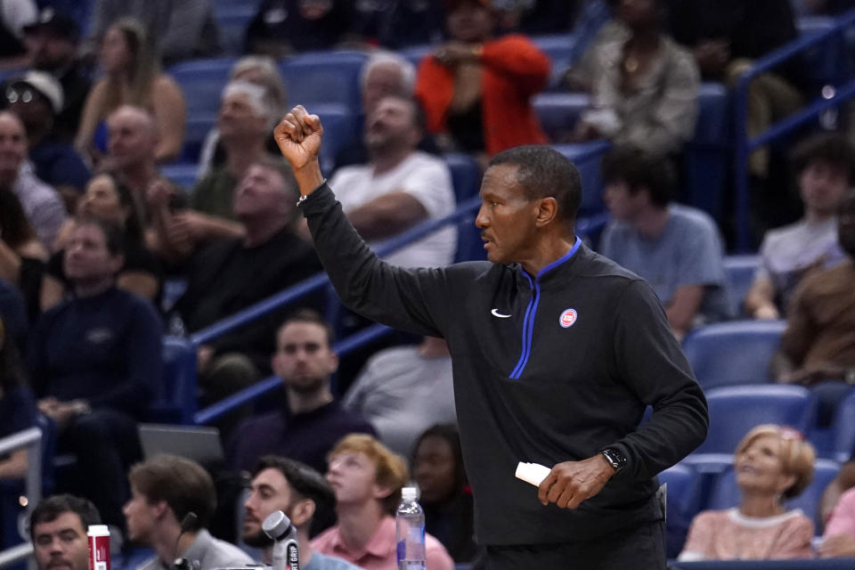 Detroit Pistons head coach Dwayne Casey calls out from the bench in the second half of an NBA preseason basketball game against the New Orleans Pelicans in New Orleans, Friday, Oct. 7, 2022. The Pelicans won 107-101. (AP Photo/Gerald Herbert)