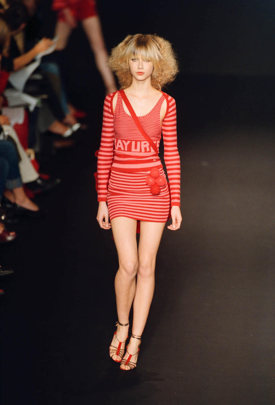 A model wears a striped, knit minidress at Sonia Rykiel’s spring 2002 show in Paris.