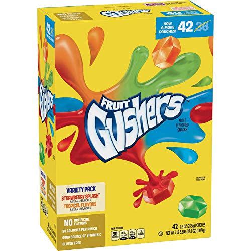 <p><strong>Gushers</strong></p><p>amazon.com</p><p><strong>$17.50</strong></p><p><a href="https://www.amazon.com/dp/B07BQVNR8W?tag=syn-yahoo-20&ascsubtag=%5Bartid%7C2141.g.34414052%5Bsrc%7Cyahoo-us" rel="nofollow noopener" target="_blank" data-ylk="slk:Shop Now;elm:context_link;itc:0;sec:content-canvas" class="link ">Shop Now</a></p><p>Gushers are actually free from non-vegan gelatin and insect-based coloring. Yeah, we're shocked, too—and we're eating a pack right now.</p>