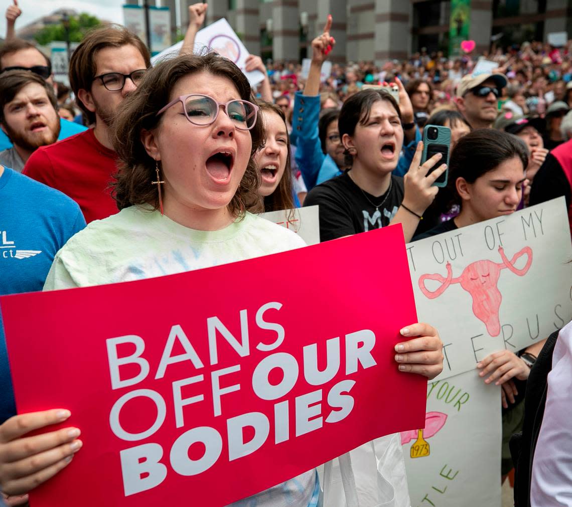 Katherine Jeanes of Kannapolis, N.C. reacts to the arrival of North Carolina Roy Copper during a rally where Cooper vetoed SB 20, legislation that would restrict abortions in North Carolina, on Saturday, May 13, 2023 in Raleigh, N.C. Robert Willett/rwillett@newsobserver.com