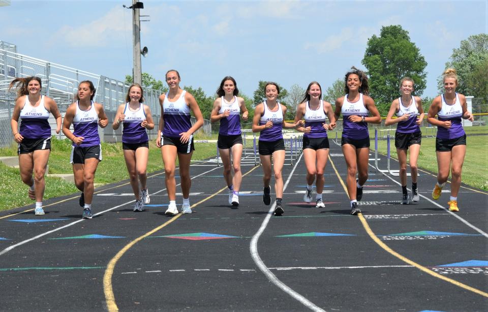 The Athens girls track team is sending a large contingent to the MHSAA State Track Meet, including Sara Nobach, Kenneddi Cromwell, Emma Dexter, Jocelyn Hall, McKenzie Miller, Kamryn Parlin, Kylie Quist, Alina Sprung, Abby Youmans and Zoey Williams.