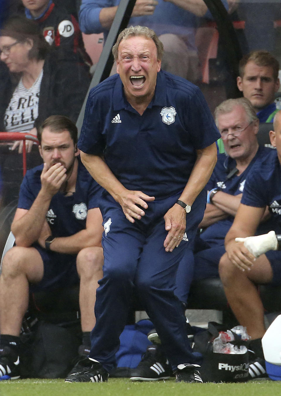 Cardiff City manager Neil Warnock on the touchline during the match against Bournemouth during their English Premier League soccer match at the Vitality Stadium in Bournemouth, England, Saturday Aug. 11, 2018. (Mark Kerton/PA via AP)