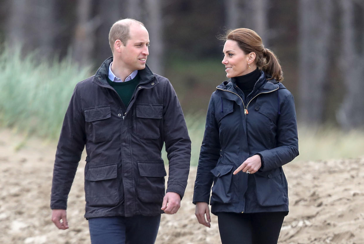 VARIOUS CITIES, - MAY 08: Prince William, Duke of Cambridge and Catherine, Duchess of Cambridge on a visit to Newborough Beach where they met the Menai Bridge Scouts and explored the beach’s wildlife habitat. During a visit to North Wales on May 08, 2019 in Various Cities, United Kingdom. (Photo by Chris Jackson/Getty Images)