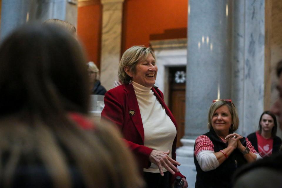 Rep. Mary Lou Marzian, D-Louisville, speaks to rallying teachers inside the Kentucky Capitol during the third day of teacher "sickouts" that closed schools across the state in response to House Bill 205, a controversial private school tax bill. March 7, 2019.