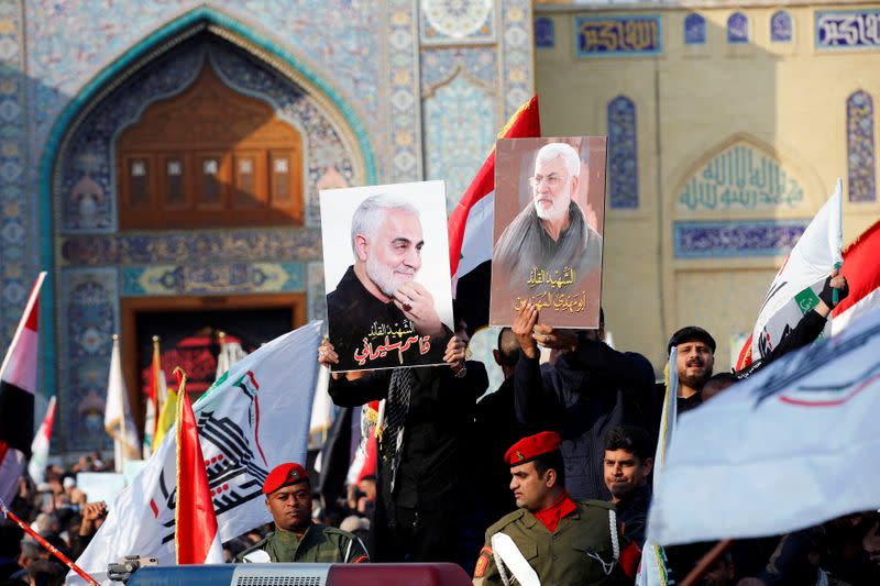 Mourners attend the funeral of the Iranian Major-General Qassem Soleimani and the Iraqi militia commander Abu Mahdi al-Muhandis, in Baghdad