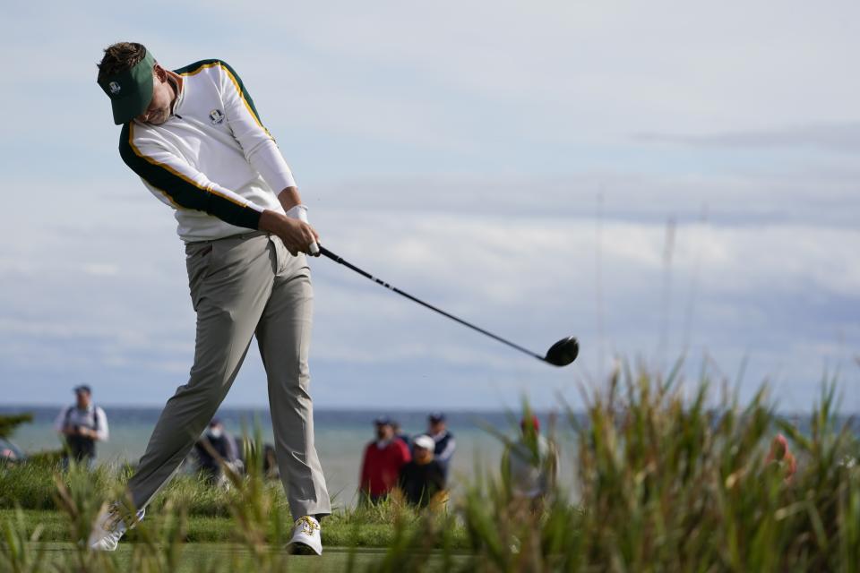 Team Europe's Ian Poulter hits a drive on the second hole during a practice day at the Ryder Cup at the Whistling Straits Golf Course Wednesday, Sept. 22, 2021, in Sheboygan, Wis. (AP Photo/Jeff Roberson)