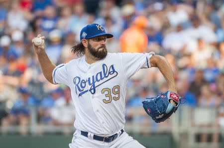 FILE PHOTO: Jul 6, 2018; Kansas City, MO, USA; Kansas City Royals starting pitcher Jason Hammel (39) throws a pitch in the first inning against the Boston Red Sox at Kauffman Stadium. Mandatory Credit: Amy Kontras-USA TODAY Sports