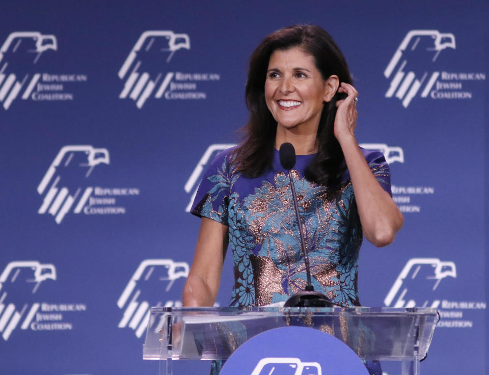 Nikki Haley, former ambassador to the United Nations, speaks at the Republican Jewish Coalition's annual meeting on Nov. 19, 2022, in Las Vegas, Nevada.  / Credit: Bloomberg via Getty Images