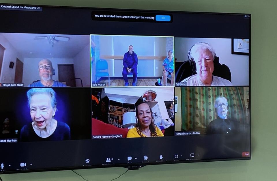 Bob Marsh (top center) talks to his Zoom students following a creative movement class Thursday. Although the class was held at the Senior Resource Development Agency in Pueblo, Zoom students tuned in from Dublin, Ireland; New York City; Michigan; and Ohio.