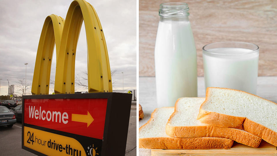 A composite images of a McDonald's drive-thru sign and a glass bottle of milk and sliced white bread