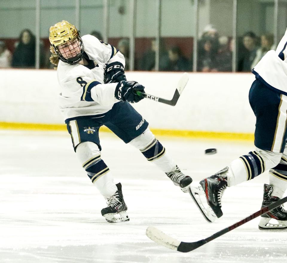 Archbishop Williams' Caroline Batchelder fires a shot during a game against Duxbury at Canton Sportsplex on Saturday, Feb. 4, 2023.