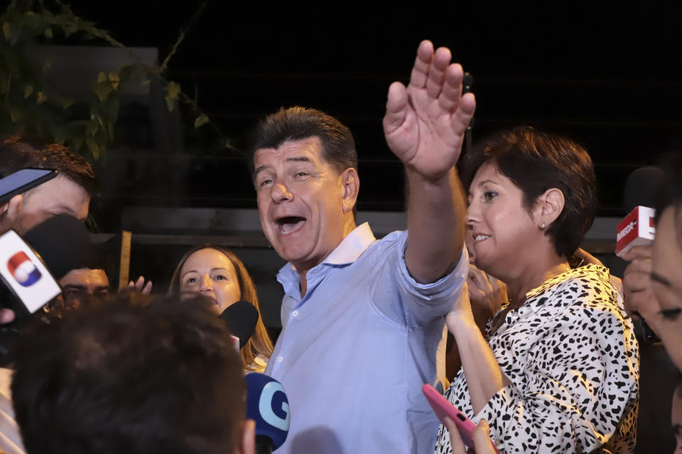 Efrain Alegre, presidential candidate for the Concertacion coalition, reacts outside his home after voting closed during general elections in Lambare, Sunday, April 30, 2023. (AP Photo/Marta Escurra)