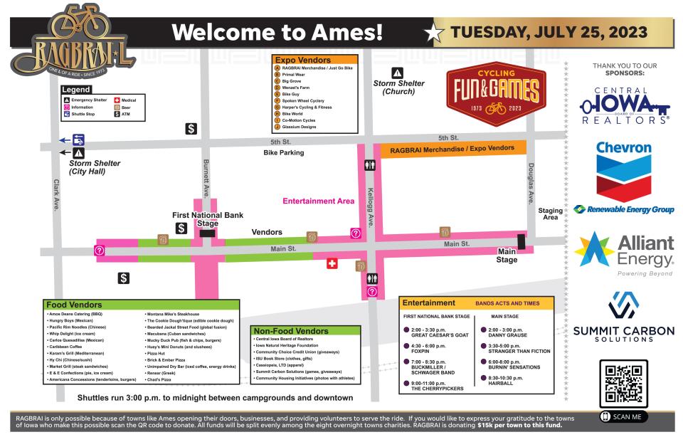 Map of downtown Ames for RAGBRAI's 50th anniversary ride, July 25.