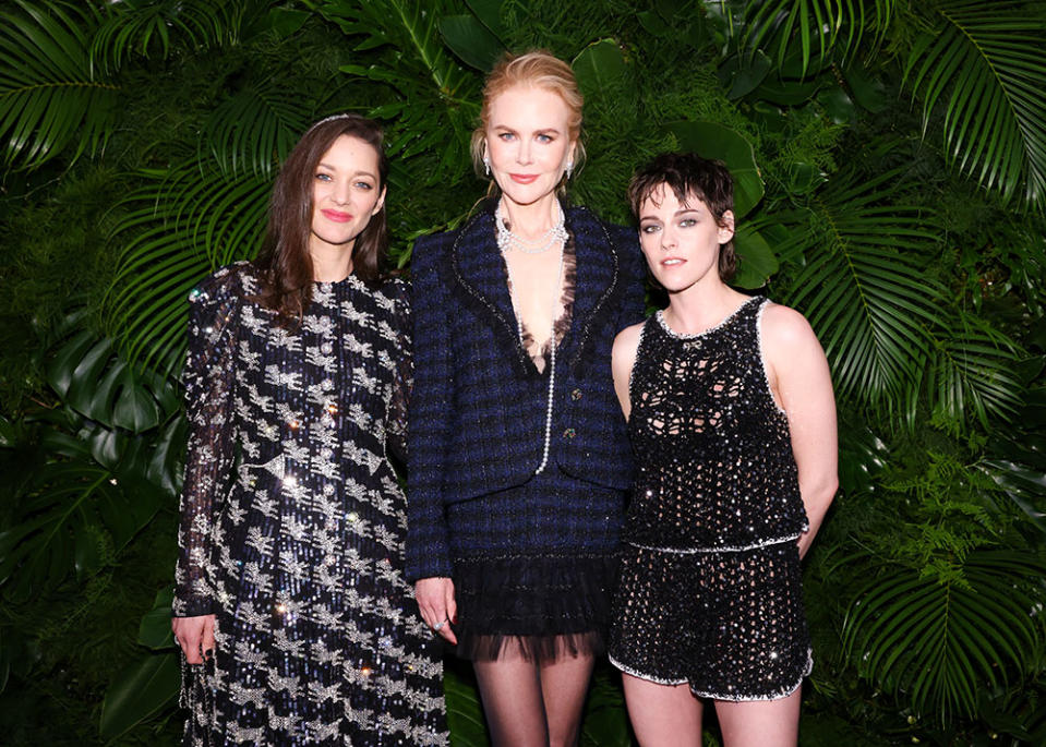 Marion Cotillard, Nicole Kidman and Kristen Stewart attend the Chanel and Charles Finch pre-Oscars dinner at the Polo Lounge at the Beverly Hills Hotel in 2023.