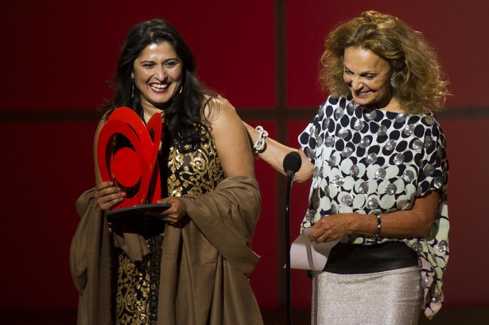 Award recipient Sharmeen Obaid-Chinoy, left, and Diane Von Furstenberg appear onstage at the Glamour Women of the Year Awards on Monday, Nov. 12, 2012 in New York. (Photo by Charles Sykes/Invision/AP)