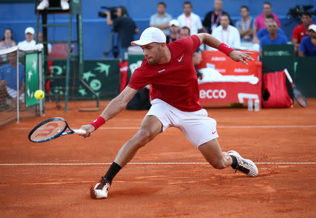 Tennis - Davis Cup - World Group Semi-Final - Croatia v United States - Sportski centar Visnjik, Zadar, Croatia - September 16, 2018 Croatia's Borna Coric in action during his match against Frances Tiafoe of the U.S. REUTERS/Antonio Bronic