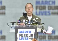 Marjory Stoneman Douglas High School student Emma Gonzalez on stage at the "March For Our Lives" rally for gun control in Washington