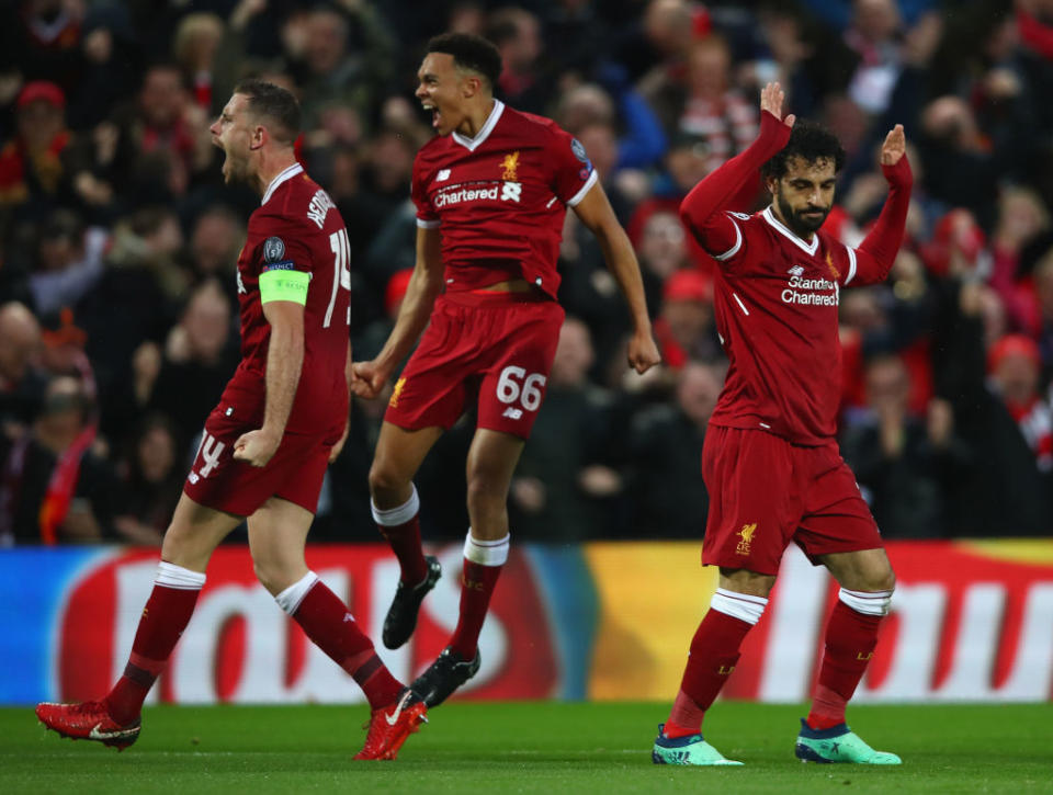 Mo Salah scores the opening goal against his former team Roma in the UEFA Champions League Semi Final First Leg.