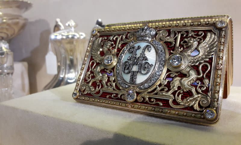 A Faberge presentation box is seen during an auction preview at Piguet Auction House in Geneva