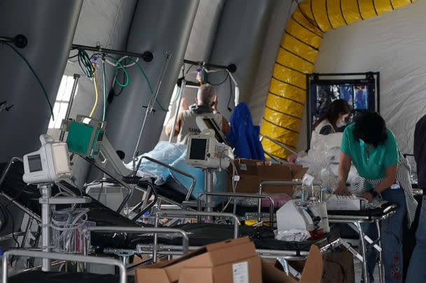 PHOTO: Medical supplies and beds are seen inside a tent as volunteers set up an Emergency Field Hospital for patients suffering from the coronavirus in Central Park across Fifth Avenue from Mt. Sinai Hospital, March 30, 2020, in New York.  (Bryan R. Smith/AFP via Getty Images)