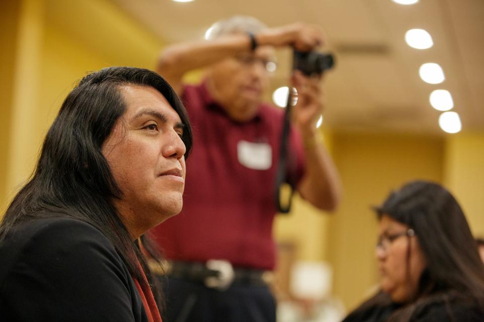 Colorado River Indian Tribes Councilmember Tommy Drennan, left, listens during a press conference to announce the collaborative efforts of tribal community leaders and local elected officials to designate Chuckwalla National Monument in Coachella, Calif., on Mon., Sept. 25, 2023.
