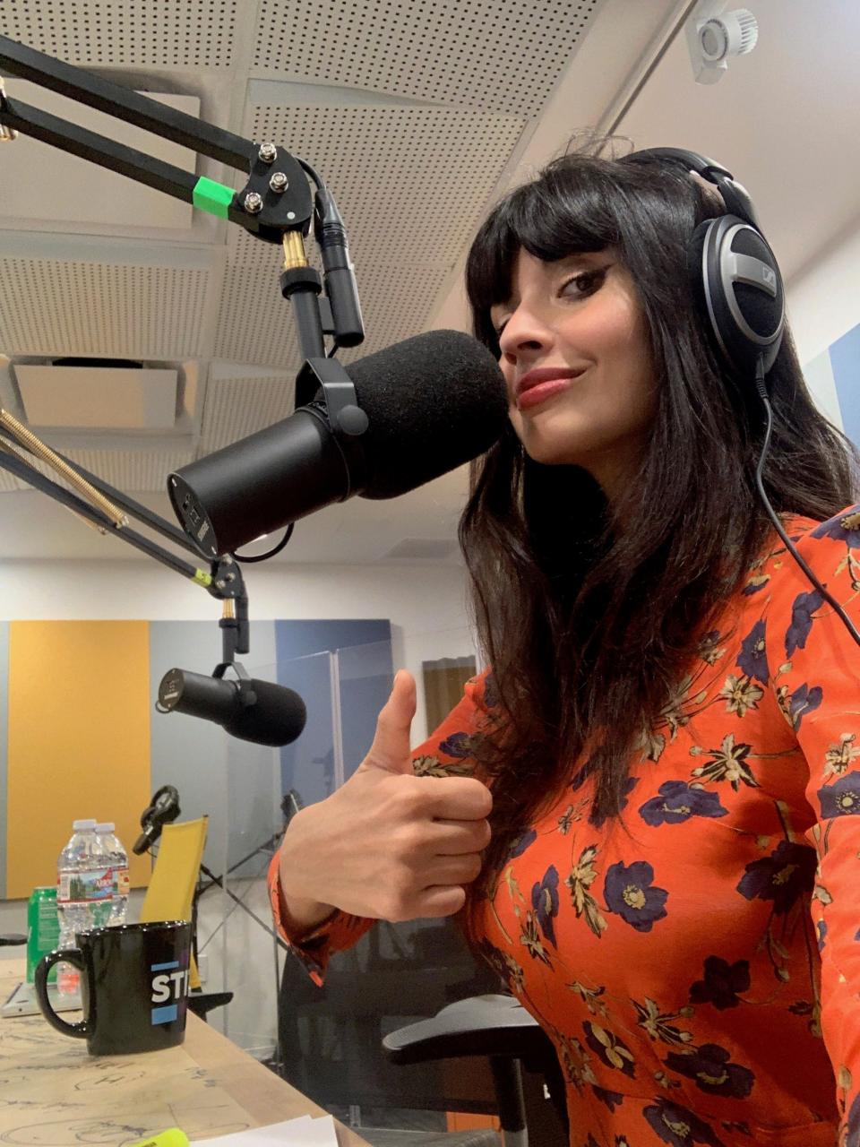 Jameela Jamil records her podcast "I Weigh with Jameela Jamil" from home during her quarantine.