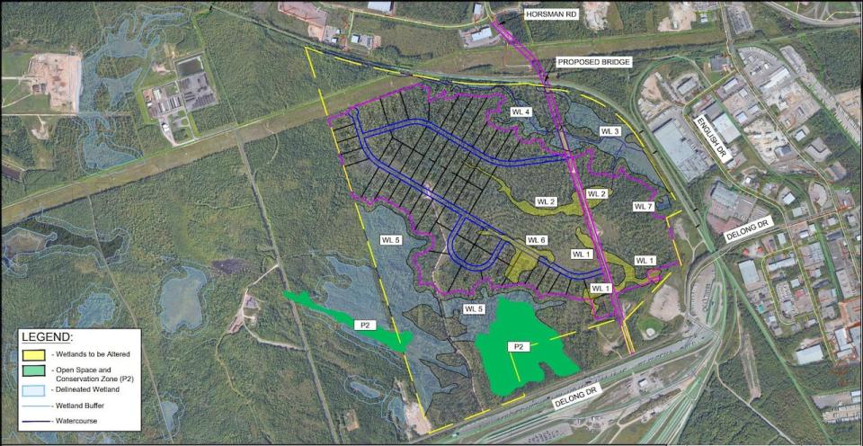 The proposed layout of the park showing some of the planned streets as well as wetlands that would be affected in yellow. 